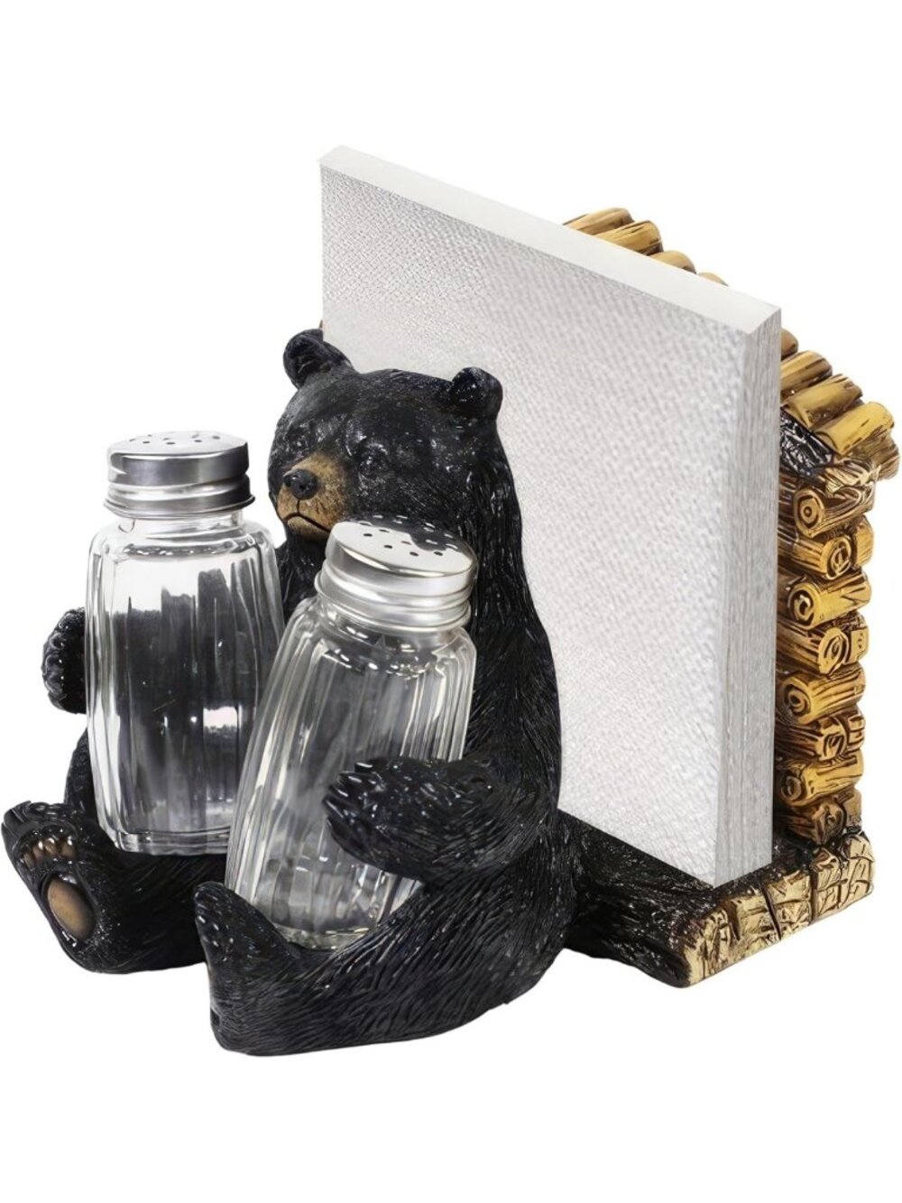 Bear Salt & Pepper Shaker Set with Napkin Holder - Rustic Home Decor Sculpture